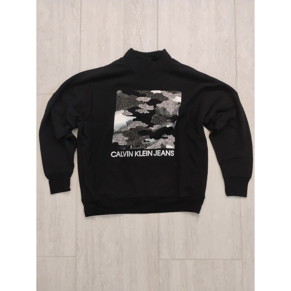 Calvin Klein Jeans Turtleneck Sweater Womens Small Bedazzled Black White Y2K